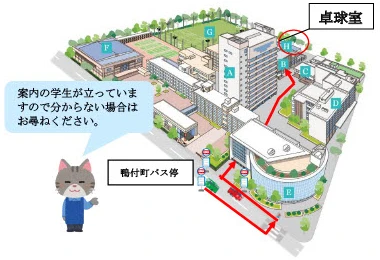 卓球室までのキャンパスマップ。※案内の学生が立っていますので分からない場合はお尋ねください。